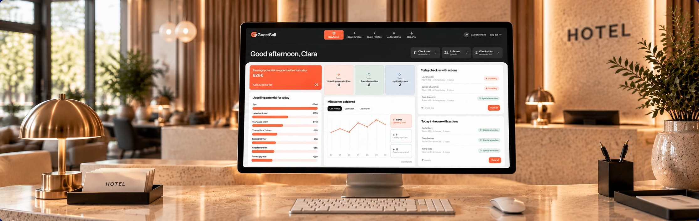 Modern hotel front desk with the GuestSell dashboard on screen
