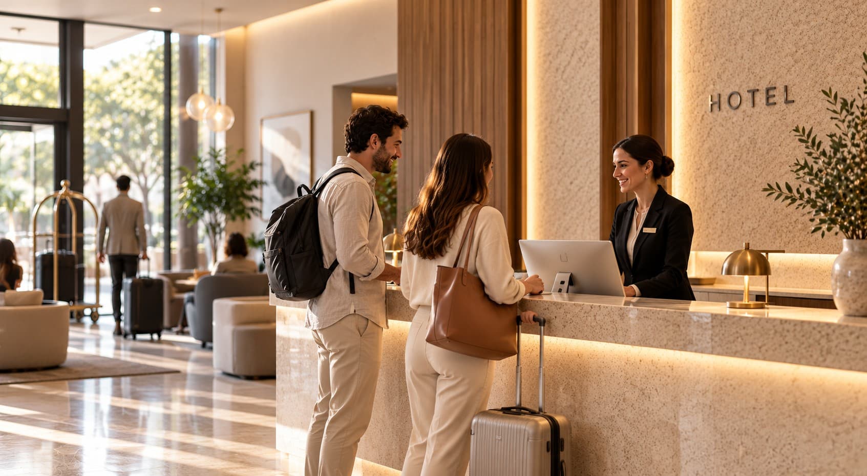 Hotel reception desk assisting guests with luggage