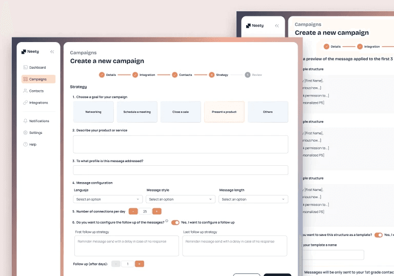 Flujo de configuración de campaña en Neety