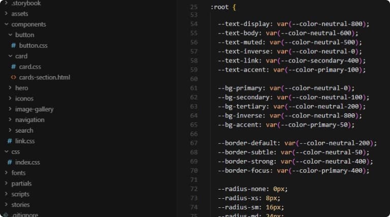 Código de tokens y componentes generado en el IDE