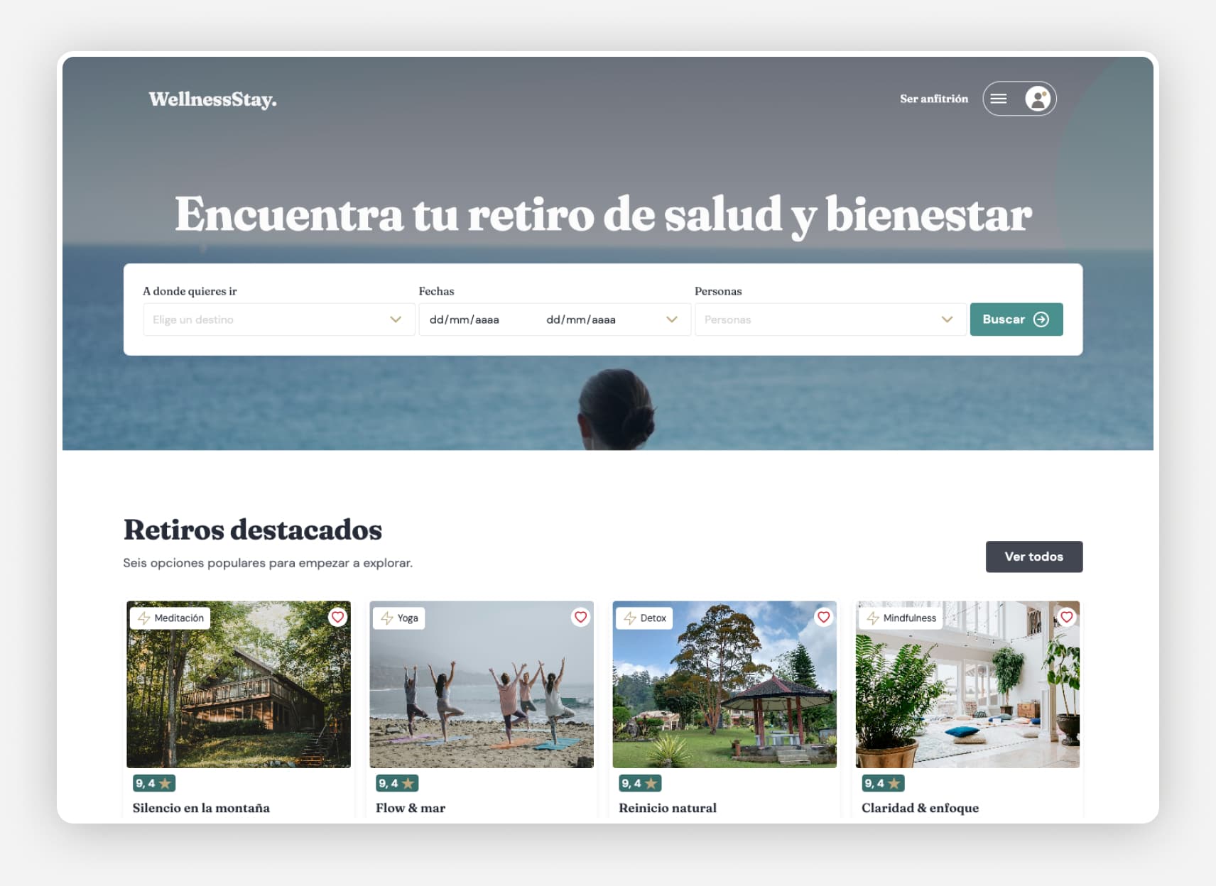 Pantalla home del marketplace Wellness Stay generada a partir del sistema de diseño